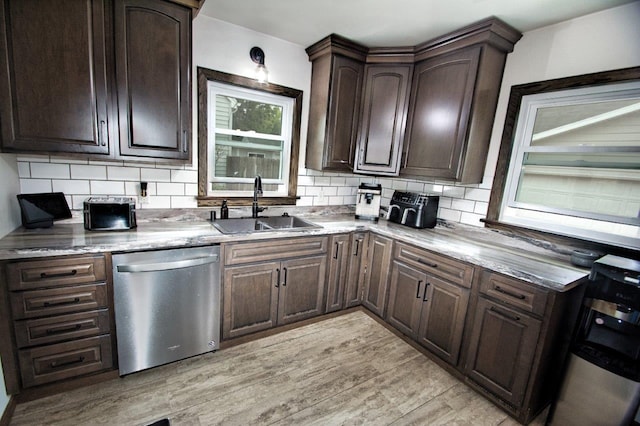 621 N Linwood Ave, Appleton, WI 54914 - kitchen with dishwasher, decorative backsplash, dark brown cabinetry, and light wood-type flooring