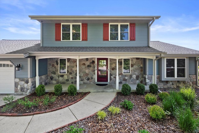 6834 S 35th St, Franklin, WI 53132 - view of front of home with a porch, stone siding, a garage, and roof with shingles