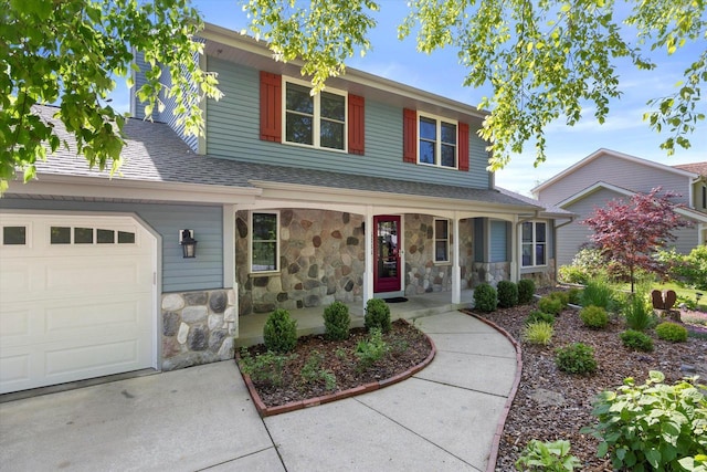 6834 S 35th St, Franklin, WI 53132 - traditional home featuring a porch, stone siding, an attached garage, and a shingled roof