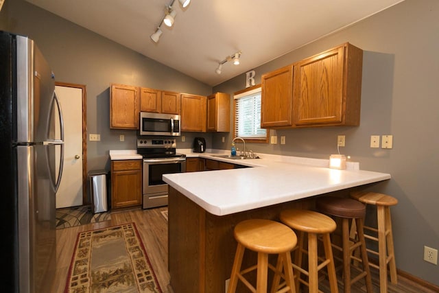 123 Westgate Dr, Iron Ridge, WI 53035 - kitchen featuring stainless steel appliances, rail lighting, a peninsula, dark wood-style flooring, and lofted ceiling