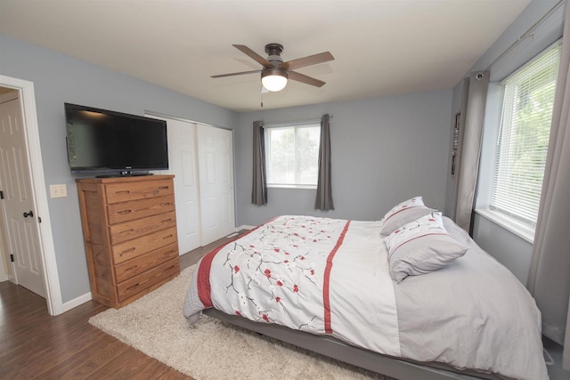 708 Owl Ln, Stevens Point, WI 54482 - bedroom featuring dark wood-style floors, a closet, and a ceiling fan