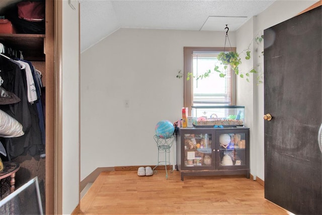 1208 Wisconsin St, Stevens Point, WI 54481 - hallway featuring wood finished floors, a textured ceiling, and vaulted ceiling