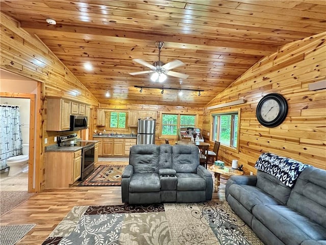 4686 W Butler Rd, Winter, WI 54896 - living area with lofted ceiling, a ceiling fan, light wood-style floors, wooden ceiling, and wood walls