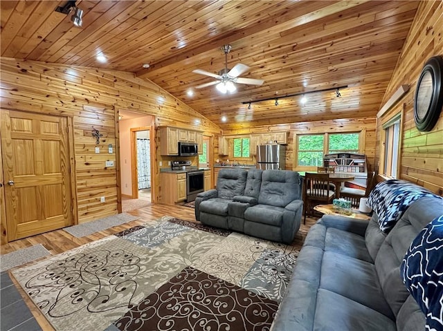 4686 W Butler Rd, Winter, WI 54896 - living area with wood walls, lofted ceiling, wood ceiling, ceiling fan, and light wood finished floors