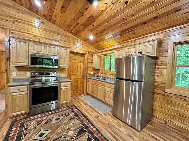 4686 W Butler Rd, Winter, WI 54896 - kitchen featuring stainless steel appliances, vaulted ceiling, wooden walls, light brown cabinetry, and plenty of natural light