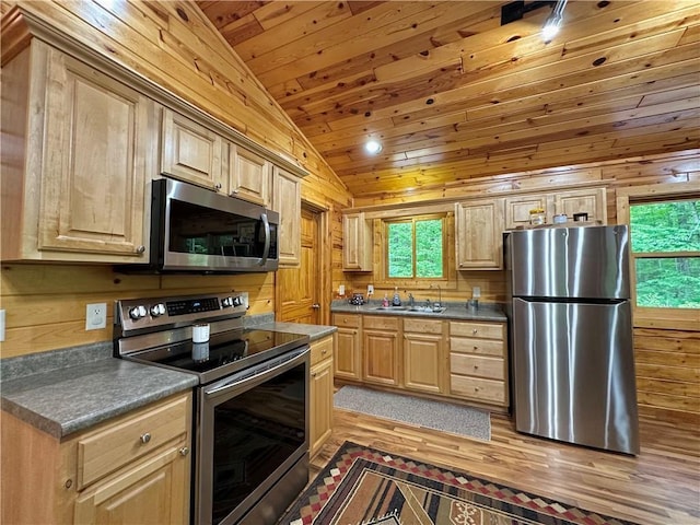 4686 W Butler Rd, Winter, WI 54896 - kitchen with appliances with stainless steel finishes, light brown cabinetry, wooden ceiling, dark countertops, and lofted ceiling