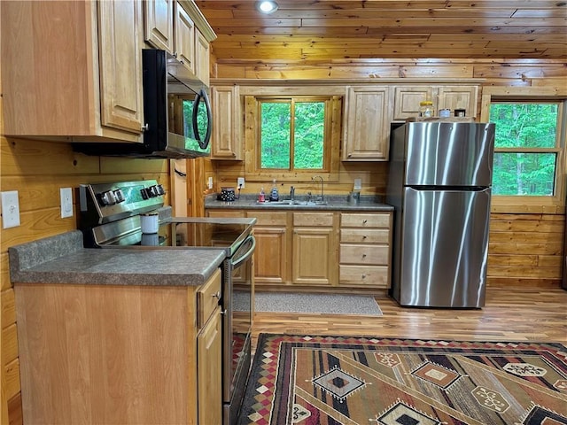 4686 W Butler Rd, Winter, WI 54896 - kitchen featuring stainless steel appliances, wooden walls, light wood-style flooring, dark countertops, and light brown cabinets