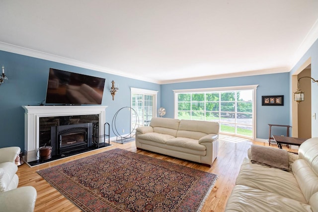 N2194 Valley Rd, La Crosse, WI 54601 - living area with ornamental molding, a high end fireplace, and wood finished floors