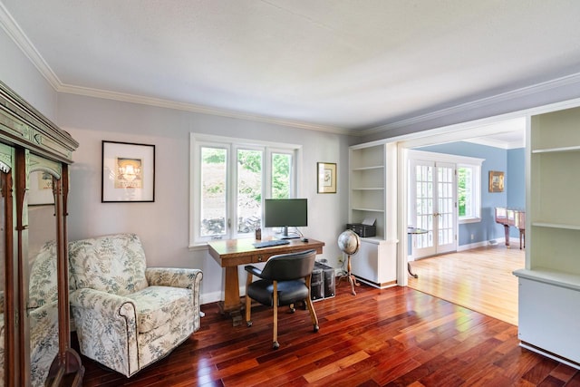N2194 Valley Rd, La Crosse, WI 54601 - home office featuring dark wood-type flooring, french doors, and crown molding