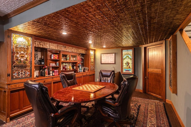 N2194 Valley Rd, La Crosse, WI 54601 - dining space with wood finished floors, crown molding, and an ornate ceiling