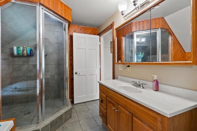 931 Carney Blvd, Marinette, WI 54143 - bathroom with vanity, a stall shower, and tile patterned floors