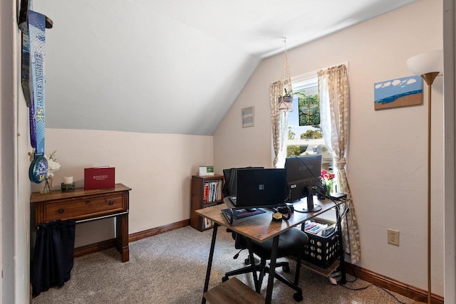 931 Carney Blvd, Marinette, WI 54143 - carpeted home office featuring vaulted ceiling and baseboards