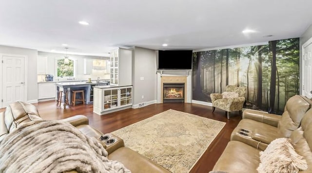 205 Kummrow Ct, Wales, WI 53183 - living area featuring dark wood-type flooring, a lit fireplace, and recessed lighting