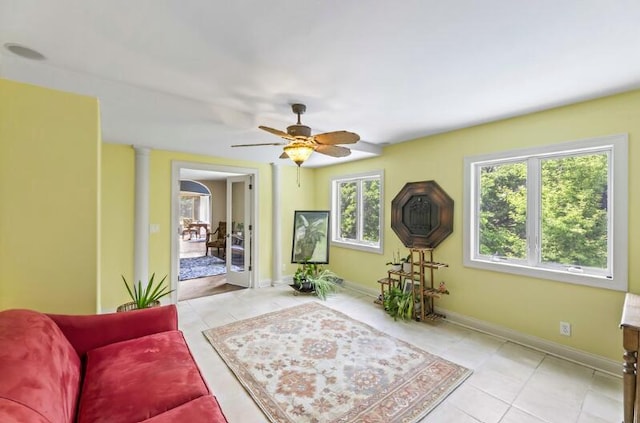 205 Kummrow Ct, Wales, WI 53183 - living room featuring light tile patterned floors and a ceiling fan