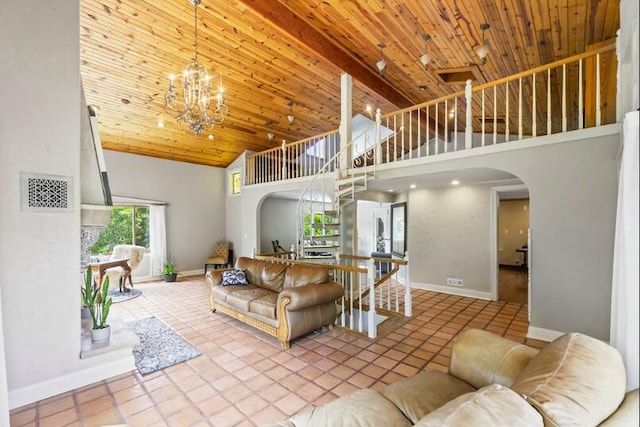 205 Kummrow Ct, Wales, WI 53183 - living room with arched walkways, high vaulted ceiling, wooden ceiling, stairway, and a chandelier