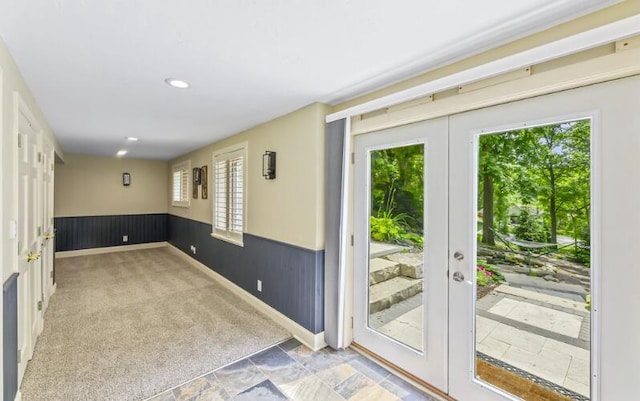 205 Kummrow Ct, Wales, WI 53183 - doorway with french doors, wainscoting, recessed lighting, and carpet