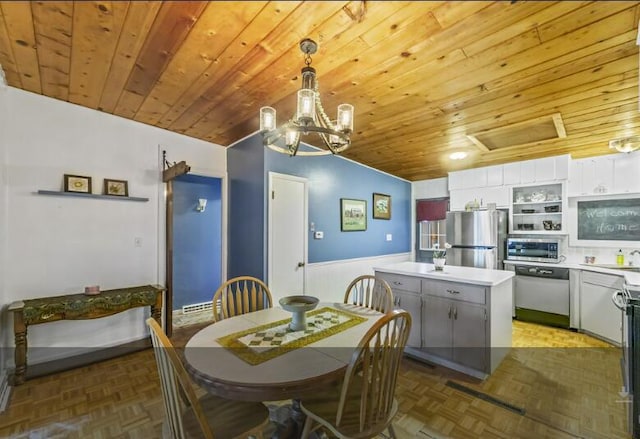205 Kummrow Ct, Wales, WI 53183 - dining space featuring a wainscoted wall, wood ceiling, and a chandelier