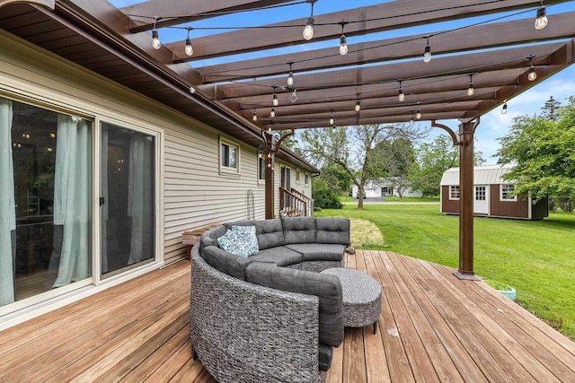 222531 Azalea Rd, Wausau, WI 54401 - deck featuring an outdoor living space, a lawn, an outbuilding, and a pergola