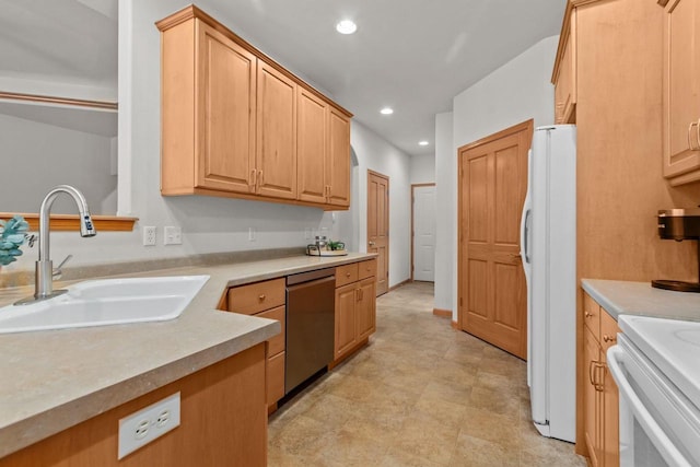 2506 Waterford Ct, Neenah, WI 54956 - kitchen with dishwasher, freestanding refrigerator, recessed lighting, light countertops, and stove