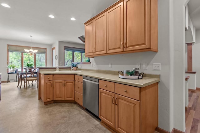 2506 Waterford Ct, Neenah, WI 54956 - kitchen featuring dishwasher, a chandelier, recessed lighting, light countertops, and pendant lighting