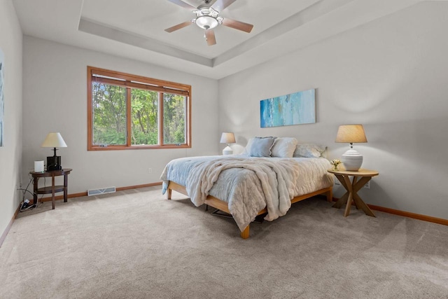 2506 Waterford Ct, Neenah, WI 54956 - carpeted bedroom with a tray ceiling and a ceiling fan