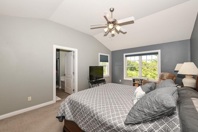 953 Eagleton Dr Unit 46-05, Lake Geneva, WI 53147 - bedroom featuring lofted ceiling, carpet flooring, a ceiling fan, and ensuite bath