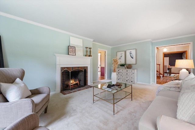 10800 N Norway Dr, Mequon, WI 53092 - carpeted living area with crown molding and a fireplace