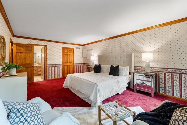 10800 N Norway Dr, Mequon, WI 53092 - carpeted bedroom with wallpapered walls, crown molding, and connected bathroom