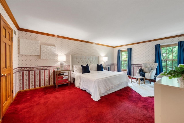 10800 N Norway Dr, Mequon, WI 53092 - bedroom with crown molding, wallpapered walls, and dark carpet