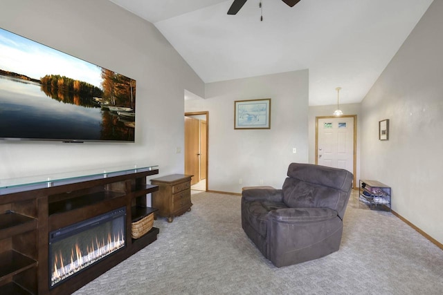W5355 Linden Hill Dr, Appleton, WI 54915 - living room featuring vaulted ceiling, carpet, ceiling fan, and a glass covered fireplace