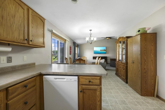 W5355 Linden Hill Dr, Appleton, WI 54915 - kitchen featuring dishwasher, a peninsula, lofted ceiling, open floor plan, and a chandelier