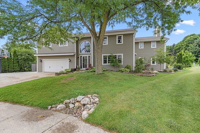 1021 Aspen Pl, West Bend, WI 53095 - traditional-style house with concrete driveway, a chimney, a front lawn, and an attached garage