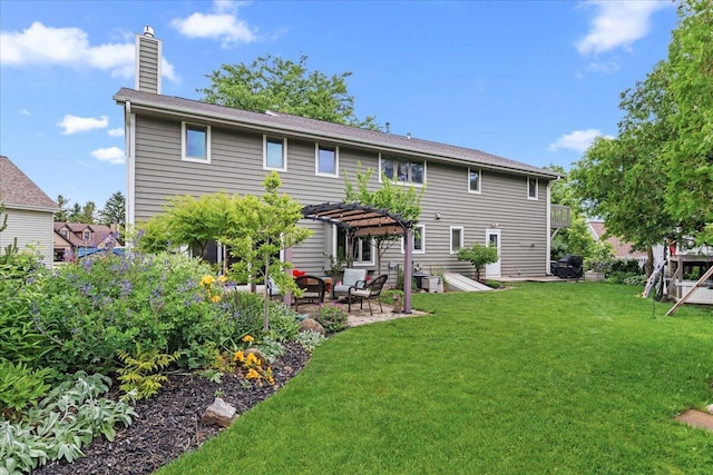 1021 Aspen Pl, West Bend, WI 53095 - rear view of house featuring a pergola, a patio, a yard, and a chimney