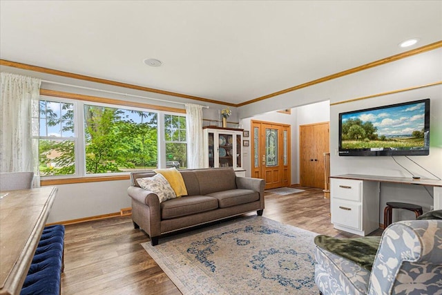 1021 Aspen Pl, West Bend, WI 53095 - living room featuring wood finished floors and crown molding
