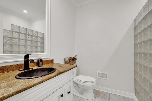 742 Charolais Dr, Slinger, WI 53086 - bathroom with crown molding, vanity, and marble look tile flooring
