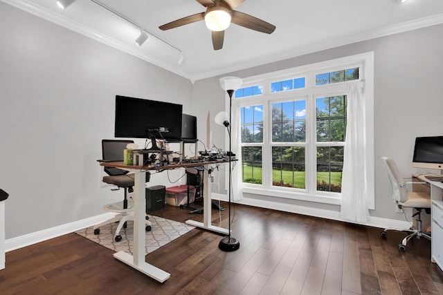 742 Charolais Dr, Slinger, WI 53086 - home office with rail lighting, a ceiling fan, wood finished floors, and ornamental molding