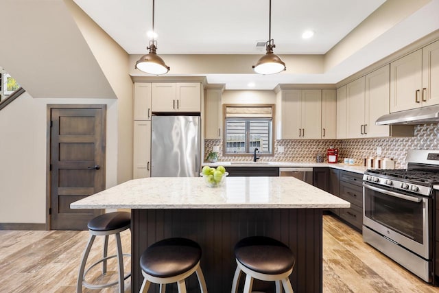 2830 Tomahawk Ct, Middleton, WI 53562 - kitchen with stainless steel appliances, under cabinet range hood, light wood-type flooring, and a breakfast bar