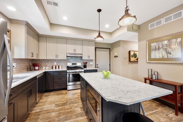 2830 Tomahawk Ct, Middleton, WI 53562 - kitchen featuring stainless steel appliances, a raised ceiling, decorative backsplash, a kitchen island, and decorative light fixtures