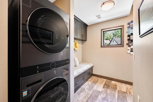 2830 Tomahawk Ct, Middleton, WI 53562 - laundry room with stacked washer / drying machine, cabinet space, and light wood-style flooring