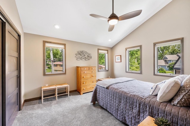 2830 Tomahawk Ct, Middleton, WI 53562 - carpeted bedroom featuring lofted ceiling, ceiling fan, a closet, and recessed lighting