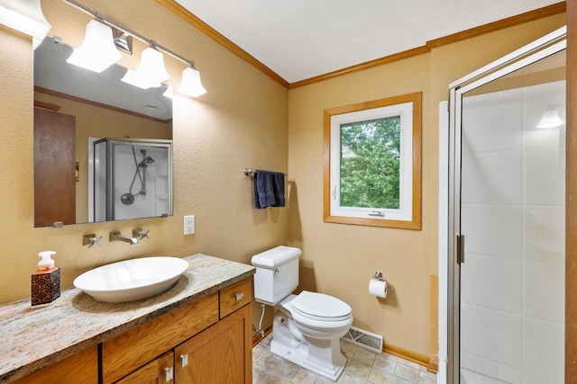 W365N7134 Mcmahon Rd, Oconomowoc, WI 53066 - bathroom featuring ornamental molding, a shower stall, vanity, and tile patterned floors