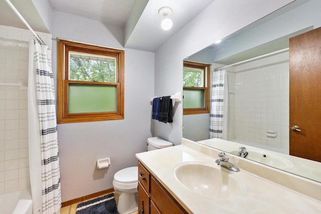 W365N7134 Mcmahon Rd, Oconomowoc, WI 53066 - full bathroom with healthy amount of natural light, vanity, and shower / bathtub combination with curtain