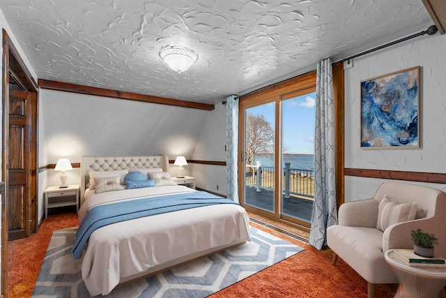 2963 Sunset Point Ln, Oshkosh, WI 54904 - carpeted bedroom with access to outside, a water view, and lofted ceiling