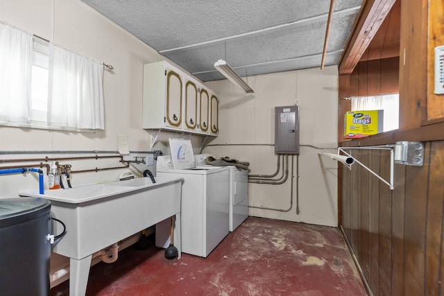 2963 Sunset Point Ln, Oshkosh, WI 54904 - washroom featuring electric panel, separate washer and dryer, a textured ceiling, and cabinet space