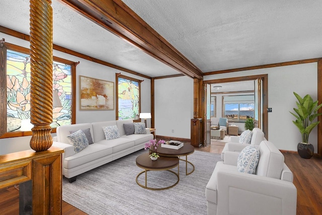 2963 Sunset Point Ln, Oshkosh, WI 54904 - living area featuring a textured ceiling, wood finished floors, and beam ceiling