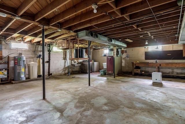 1422 S Burchard Ave, Freeport, IL 61032 - below grade area with electric water heater, washer and dryer, and a water softener system