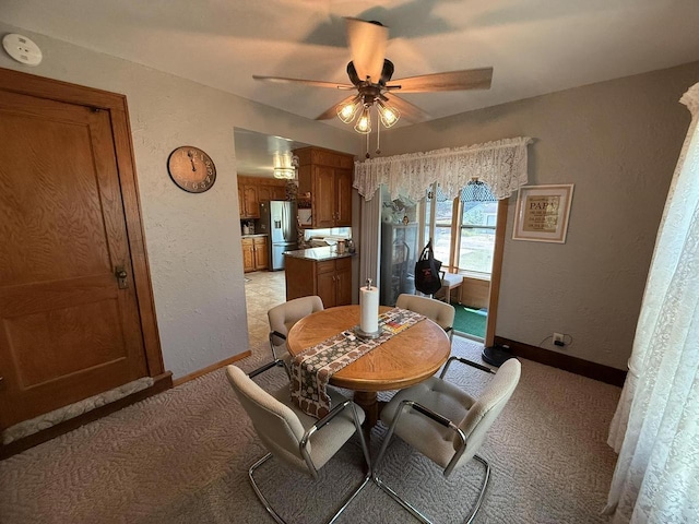 810 10th St, Monroe, WI 53566 - dining space featuring light carpet, a ceiling fan, and a textured wall