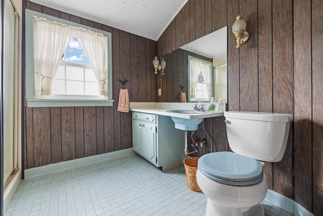 7873 N Edgeworth Dr, Milwaukee, WI 53223 - full bathroom featuring wooden walls, lofted ceiling, and a shower with door