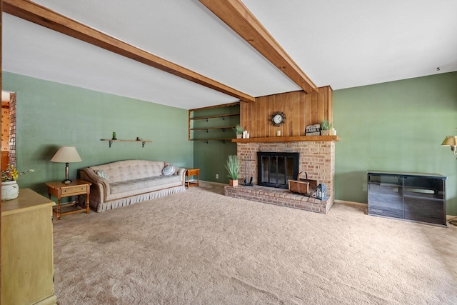 7873 N Edgeworth Dr, Milwaukee, WI 53223 - carpeted living area with beam ceiling and a brick fireplace