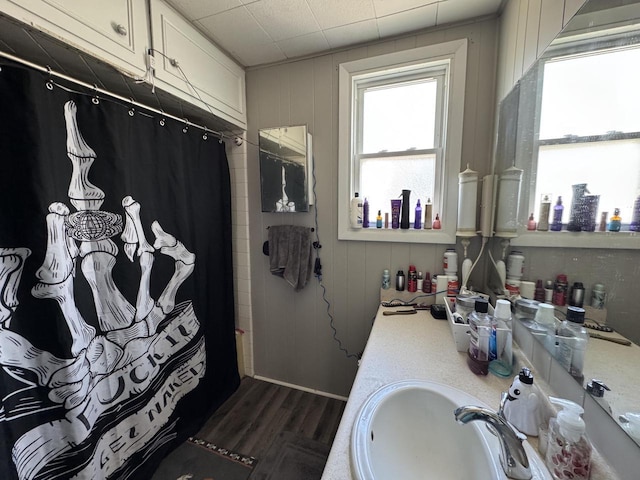 414 Barney St Unit 418, Waukesha, WI 53186 - full bathroom with wood finished floors, curtained shower, and vanity